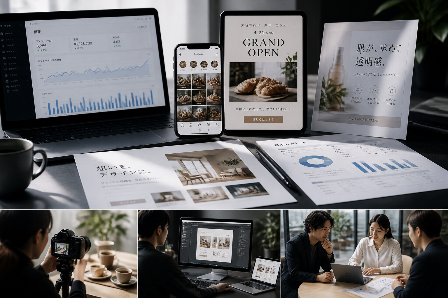 広告運用の設計と制作物を確認するデスク風景